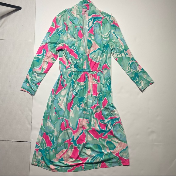Lilly Pulitzer Hot Pink &Blue Print Chine Rayon 3/4 Sleeve Pleated Front Dress S - Picture 2 of 16